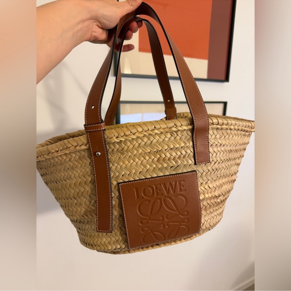 Authentic Loewe Medium Tan and Brown Woven Tote Bag
